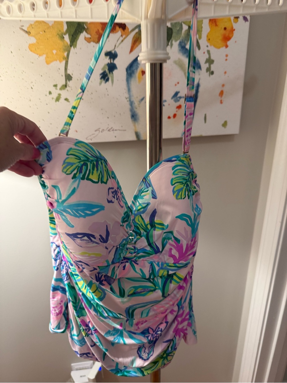 Lilly Pulitzer Pink Tropical Floral swim top/ Swimsuit with Teal Accents